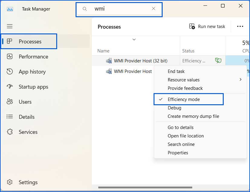 Turn Windows process inside Efficiency mode.