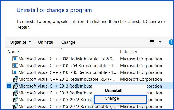 Repair Microsoft Visual C++ Redistributable package for 2013 on Windows 11.