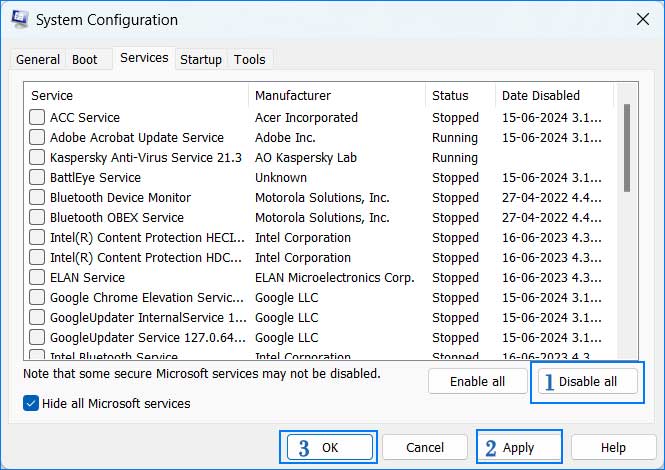 System Configuration - Disable all services