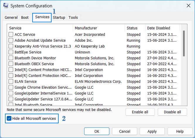 System Configuration - Services box.