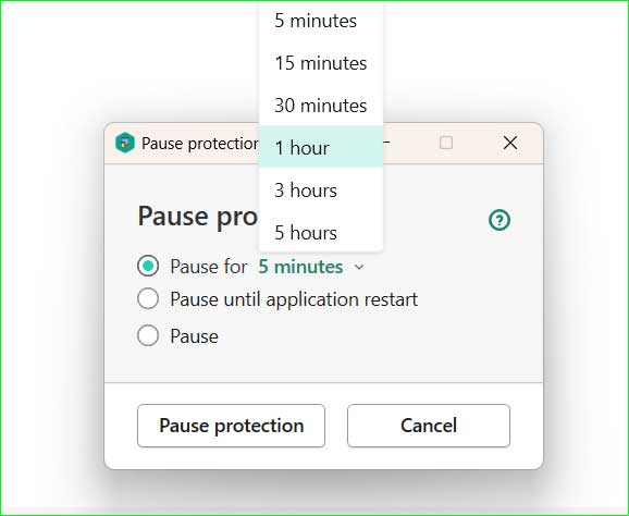 Pause antivirus protection for certain period of times.