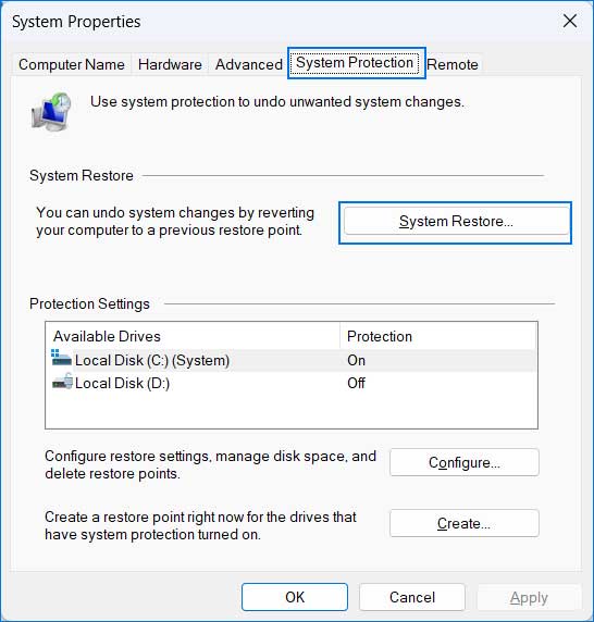 system protection setting