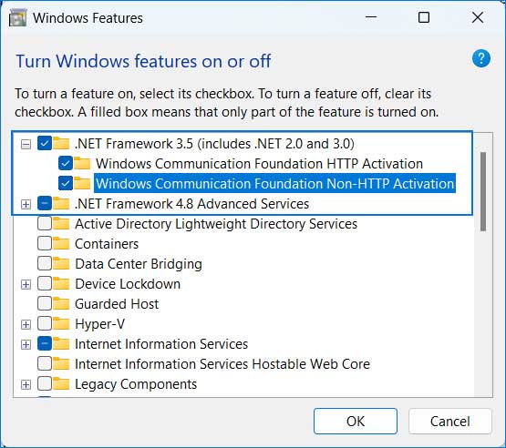 Turn Windows features on or off