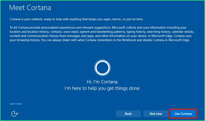 Windows 10/11 Installation - Use Cortana selection window