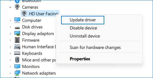 Update the camera driver using the device manager.