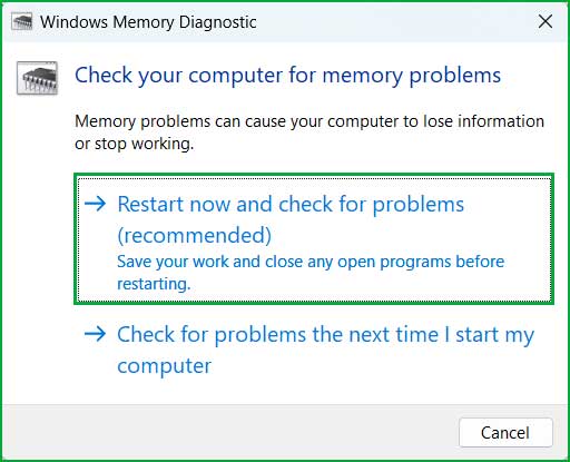 Restart your computer to check for memory problems using Windows memory diagnostic tool.