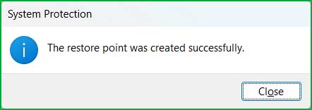 The restore point was created successfully.