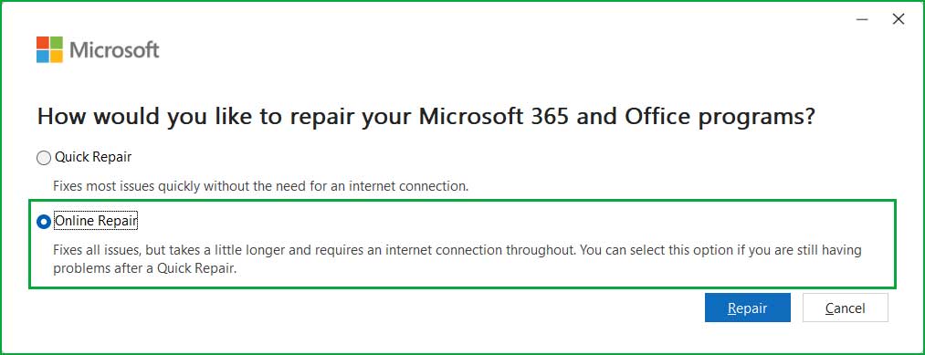 Online Repair - MS Office