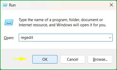 Open Registry Editor by typing command "regedit" in the Run Command Box.